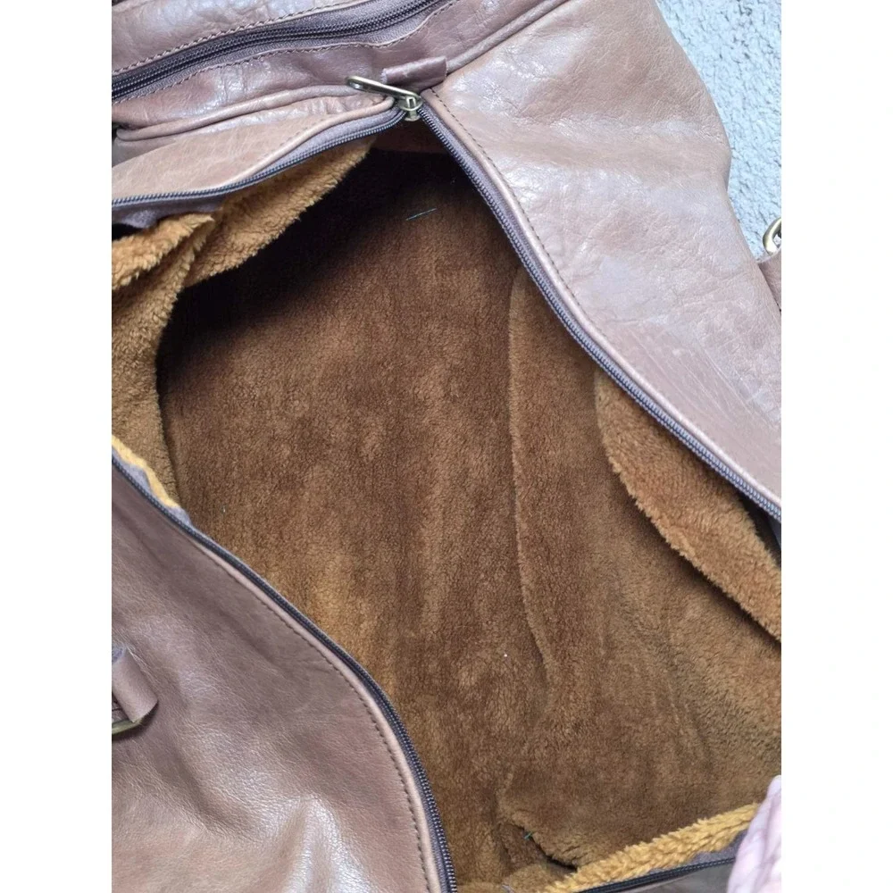 Lord And‎ Field Large Duffel Bag Brown Leather Fuzzy Lining Adjustable Travel